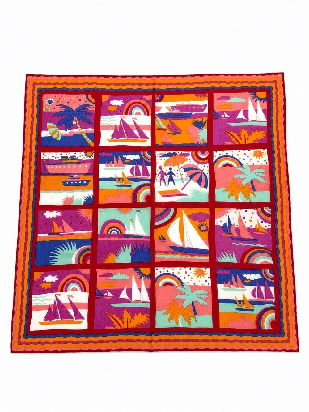 Vintage Nautical Sailboat Rainbow Cotton Square Scarf Colorful Beach Accessory